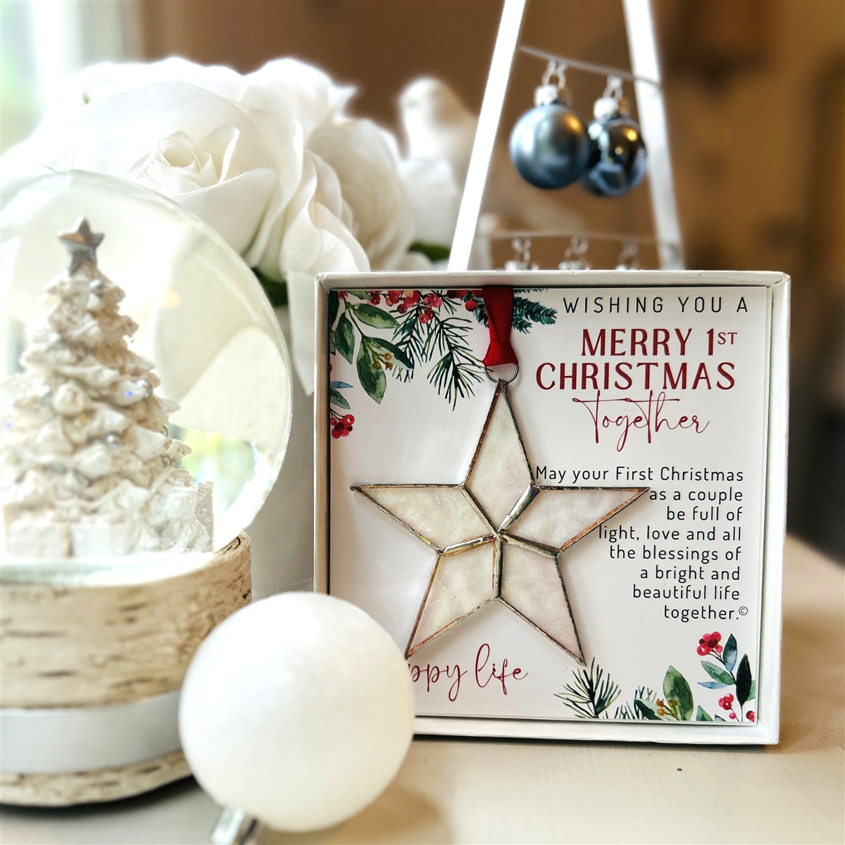 First Christmas Together star ornament boxed in Christmas setting