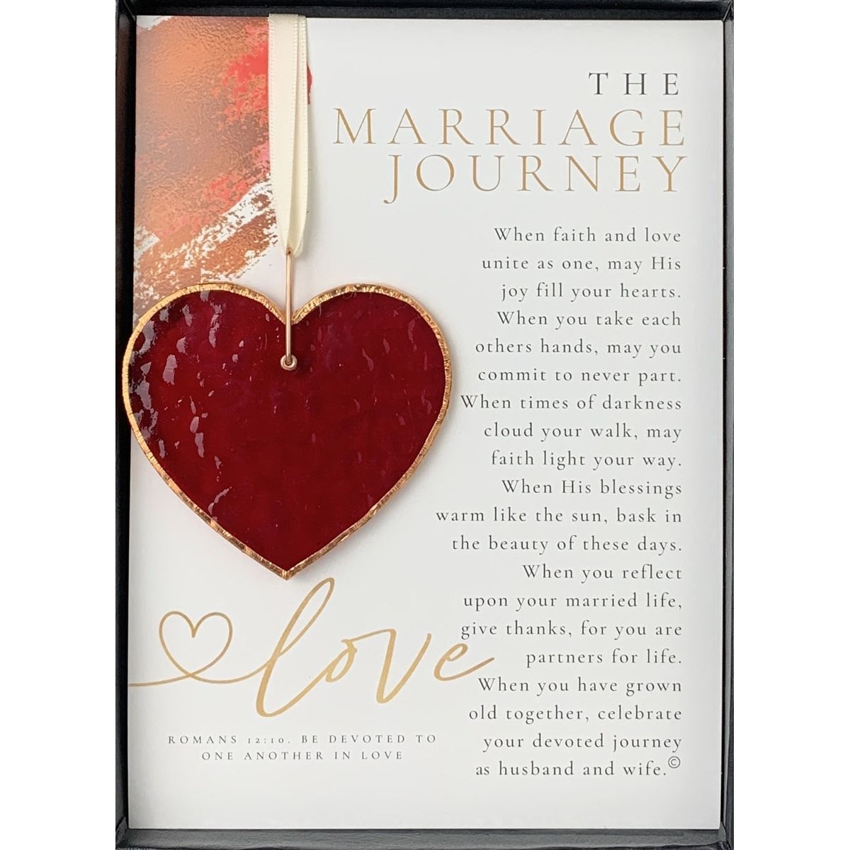 Wedding Gift - Stained glass red heart edged with copper and packaged with "The Marriage Journey" sentiment in black box with clear lid.
