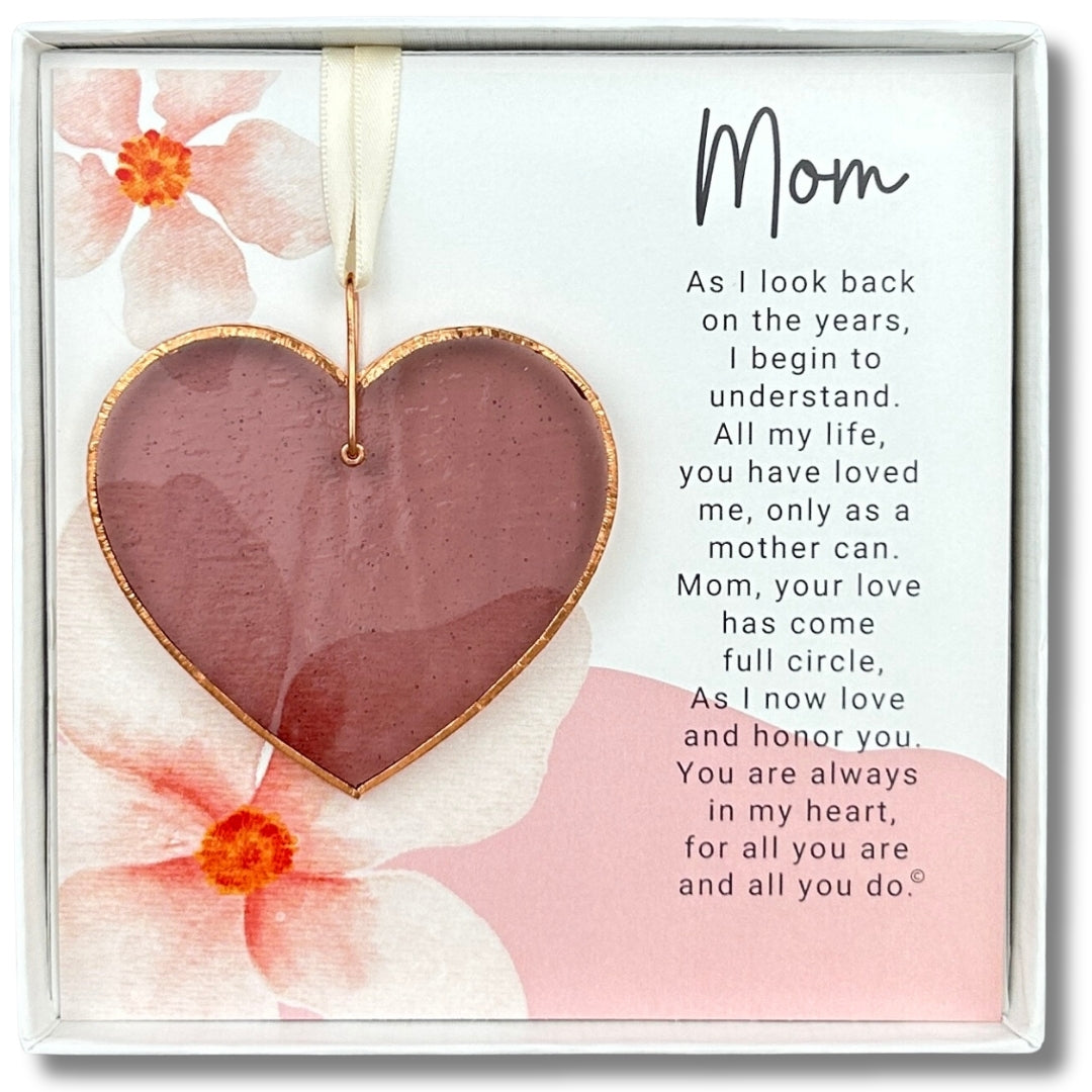 Mom Gift: Rose Mauve stained glass heart with copper edging and ring packaged with "Mom" Poem in a white box with a clear lid.