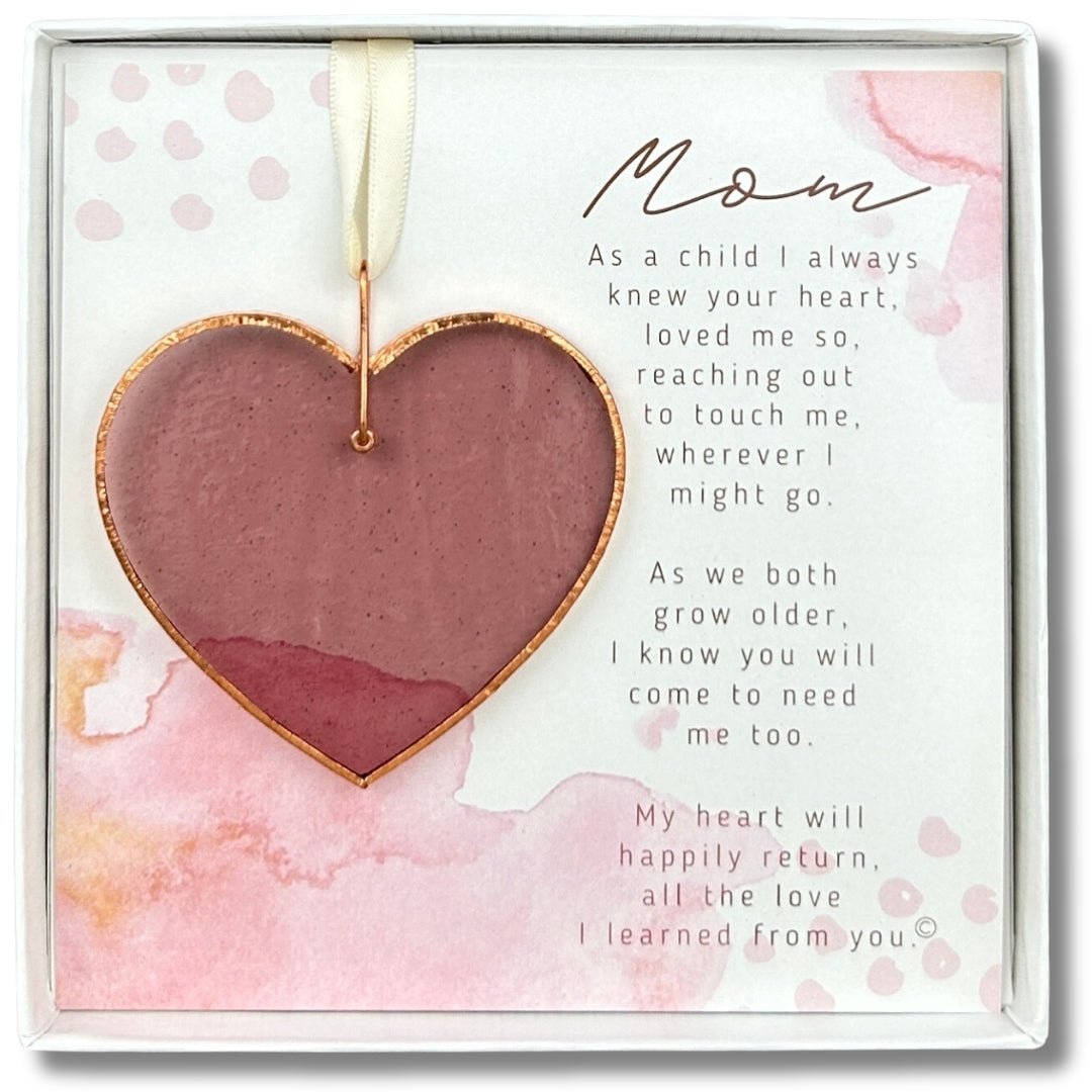 Mom Gift: Rose Mauve stained glass heart with copper edging and ring packaged with "Mom" Poem in a white box with a clear lid.