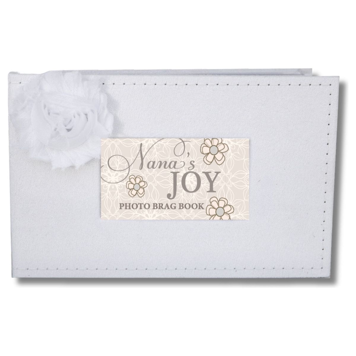 White faux suede photo album with white fabric flower and a window with sentiment artwork showing.